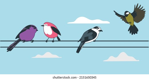 A Set Of Birds. The Vector Is Isolated On A Blue Background. Colorful Birds Sitting On Wire Isolated.