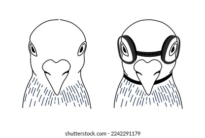 Set of birds wearing goggle glasses on black and white linear vector.