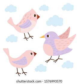 Set of birds.Pastel colors. Light illustration. Hand drawn set.