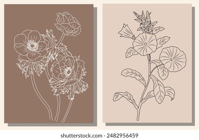 Conjunto de flores del mes de nacimiento, arte de pared, carteles. Poppy, agosto y Morning Glory, septiembre. Vector de arte de línea botánica dibujado sobre fondos beige. Diseño moderno para joyería, tatuaje, logotipo, embalaje.