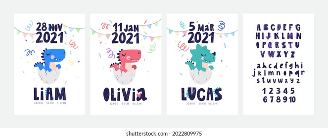 Set of birth posters with cute hand drawn baby dinos and a dino style alphabet. Colorful unique concept for cards, posters, t-shirts.