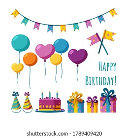 Set of birthday accessories. Balloons, flags, cake, presents and all you need for happy birthday. Flat vector illustration isolated in white background