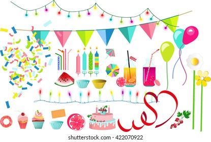 Set of birthday accessories, serpentines, garlands, balloons, konfetti, 