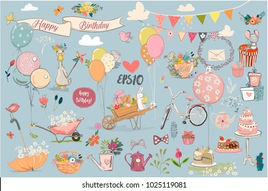 set with birthday animals and elements