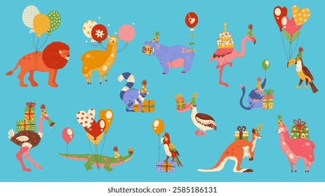 Set birthday animals in party cap carry gifts, balloons