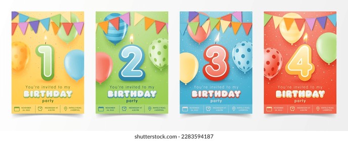 Set of birthday anniversary greeting card and kid party invitation template with numbers candle, balloon and ribbon for children. vector illustration