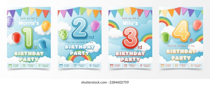 Set of birthday anniversary greeting card and kid party invitation template with number, balloon and rainbow on the blue background for children. vector illustration