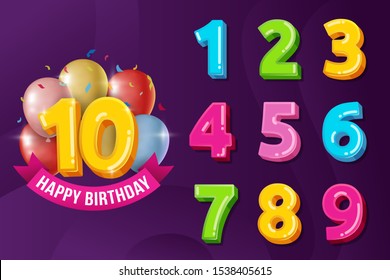 Set of Birthday Anniversary Numbers with balloons vector illustration