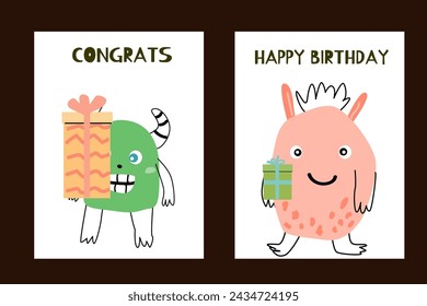 Set of birthday baby posters with cute monsters. Vector illustration can used for banner, baby birthday background, greeting card, poster for interior. Cute alien or monster and gift