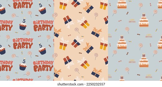 Set of birthday background patterns. Cake, candies, balls, gifts