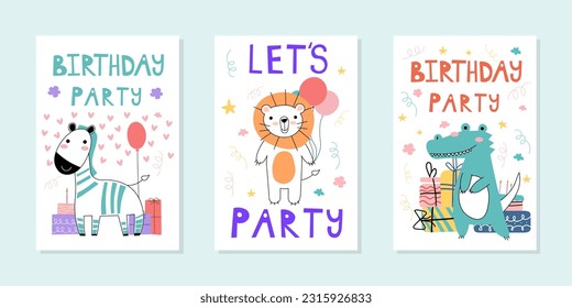 Set of Birthday backgrounds with cute animals with balloons, and funny inscription Birthday, party EPS