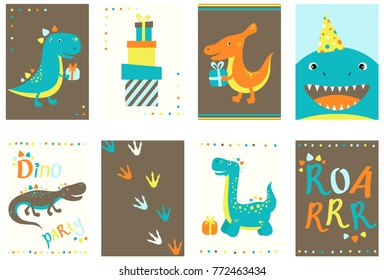 Set of birthday banner, background, flyer, placard with cute dinos. Birthday posters and stickers. Vector template card for greeting, decoration, congratulation, invitation in retro color. EPS8