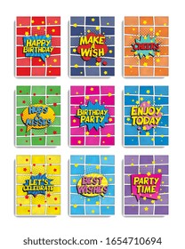 set of birthday banner or greeting card templates in retro pop art style. vintage holiday illustration easy to edit and customize. eps 10