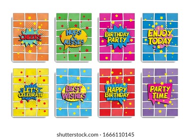 set of birthday banner or greeting card templates in retro pop art style. vintage holiday illustration easy to edit and customize. eps 10