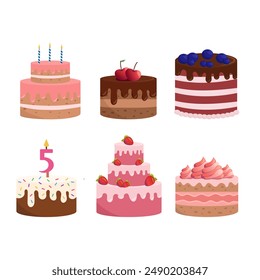 Set pastel de cumpleaños. Vela de Edad, espolvorear, chocolate, cereza, fresa. Glaseado, crema, comida dulce, postre. Vector aislado sobre fondo blanco	