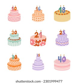 Set of birthday cake with burning candles in the form of numbers. Dessert for celebration each year of birth, anniversary. Stylized hand drawn clipart of holiday cupcake in the scandinavian style.