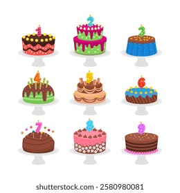 Set of birthday cake candle number collection cartoon colorful for anniversary party cake, candlelight fire design for birthday event celebration text, symbols for invitation to the anniversary.