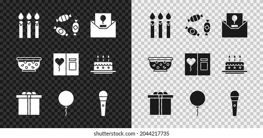 Set Birthday cake candles, Candy, Invitation, Gift box, Balloon with ribbon, Karaoke microphone, Mixed punch in bowl and Greeting card icon. Vector