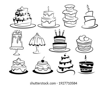 Juego de tortas de cumpleaños. Colección de pasteles estilizados con fruta y crema de mantequilla. Comidas festivas horneadas. Ilustración vectorial aislada en fondo blanco.