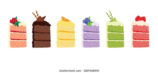 Set of birthday cake cranberry, blueberry, orange, chocolate, pistachio and strawberry. Happy birthday party vector elements. Flat illustration in cartoon style.