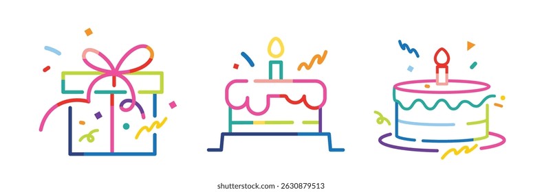 Set of birthday cake, gift box and confetti in colorful minimalist lines.