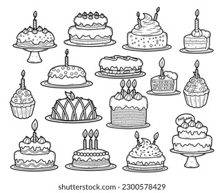 Set of birthday cake hand-drawn outline sketch illustration	
