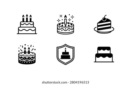 Set of birthday cake icon collection, candle symbol, dessert sweet.