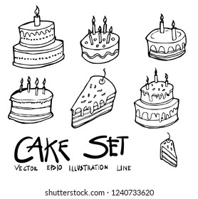 Set Of Birthday Cake Icon Drawing Illustration Hand Drawn Doodle Sketch Line Vector