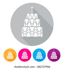 Set of birthday cake icon with long shadow, with burning candles. vector illustration. Flat design style, eps10.