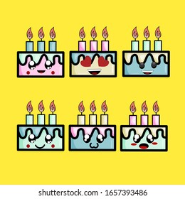 Set of Birthday cake on yellow background 