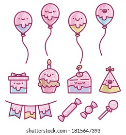Set of birthday cake party element designs isolated on white background