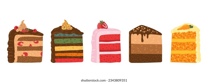 Set of birthday cake slice, raspberry, rainbow cake, carrot, chocolate, strawberry. Happy birthday party vector elements. Flat illustration in cartoon style for stickers, cards, invitations