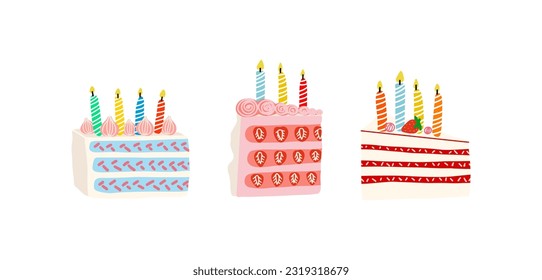 Set of birthday cake slices with cream and candles. Happy birthday vector illustration. Sweet food, dessert.