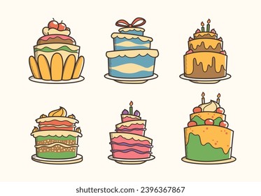 Set of Birthday cake sticker design, icon design and vector illustration