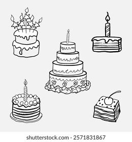 A set of birthday cakes for birthdays and other events. in the style of a freehand drawing. A set of five vector objects on a light background.