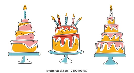 Set of birthday cakes with candles colored outline hand drawn sketch vector illustrations isolated on white background
