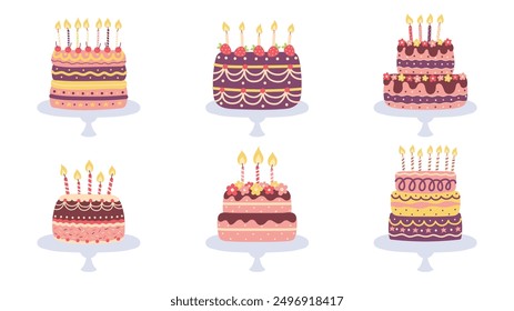 Set of birthday cakes with candles isolated on a white background. Chocolate cake, Prague cake, strawberry and cherry cakes. Trendy vector illustration