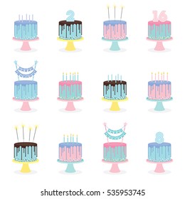 Set of birthday cakes with candles, sparklers and decoration. Vector