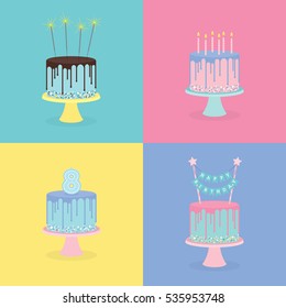 Set of birthday cakes with candles, sparklers and decoration. Vector