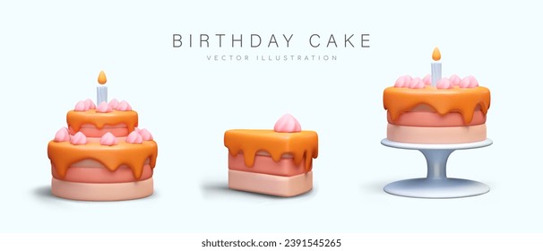 Set of birthday cakes in cartoon style. Realistic whole cake and slice, dessert on stand. Festive pastries decorated with cream and glaze. Isolated colored vector illustration for creative web design