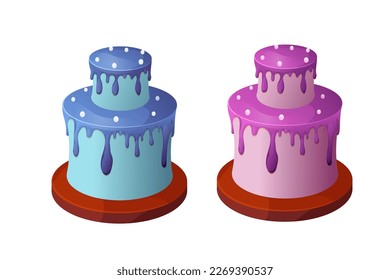 Set birthday cakes with cream, drip, candles, collection anniversary deserts in cartoon style isolated on white background