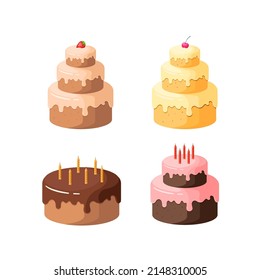 Set of birthday cakes in flat style in different colors. Cakes with strawberry, cherry. Vector illustration. 