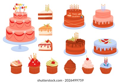 Set of birthday cakes. Lots of badges and icons for websites. Graphic element for greeting cards. Many desserts sweets, pictures for children. Cartoon vector illustrations isolated on white background