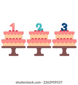 Set of birthday cakes with numbers. 1, 2, 3. Flat vector illustration.