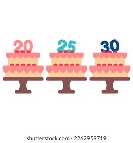 Set of birthday cakes with numbers. 20, 25, 30. Flat vector illustration.