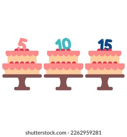 Set of birthday cakes with numbers. 5, 10, 15. Flat vector illustration.