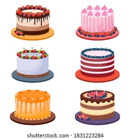 Set of birthday cakes on white background, vector illustration