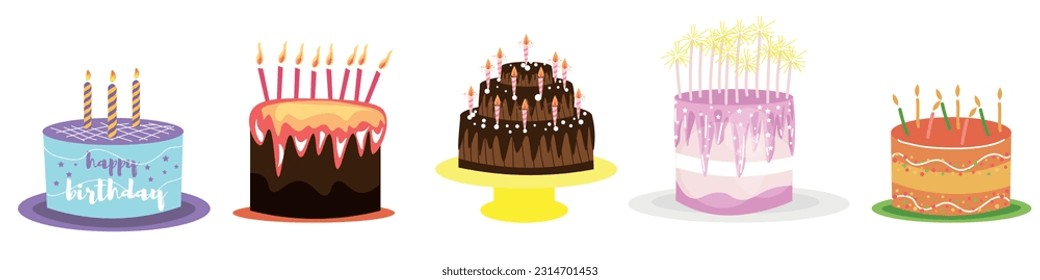 Set of birthday cakes on white background