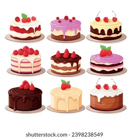 Set of Birthday Cakes. Birthday Party Elements vector illustration