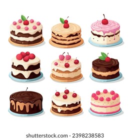 Set of Birthday Cakes. Birthday Party Elements vector illustration